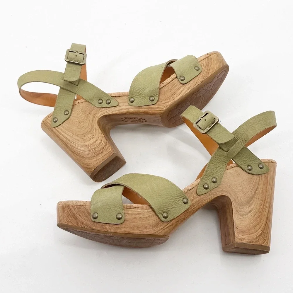 Kork-Ease Drew Green Leather Platform Sandal Wood Block Heel Clogs size 11